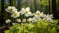 White anemone flowers blooming in the forest in spring