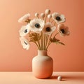 White anemone flowers in a peach fuzz color vase on minimal orange background.