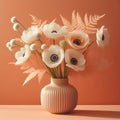 White anemone flowers in a peach fuzz color vase on minimal orange background.