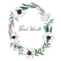 Botanical round wreath, watercolor hand drawn vector illustration