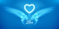 White angel wings and heart on blue background. Glowing fantasy, Valentines day attribute. Inscription love. Happy greeting card