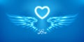 White angel wings and heart on blue background. Glowing fantasy, Valentines day attribute. Inscription love. Happy greeting card