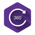 White Angle 360 degrees icon isolated with long shadow. Rotation of 360 degrees. Geometry math symbol. Full rotation