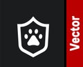 White Animal health insurance icon isolated on black background. Pet protection concept. Dog or cat paw print. Vector Royalty Free Stock Photo