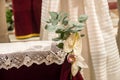 White anthurium seen up close, decorating the interior of a church during the celebration of a mass. Anthurium, Anthurium scherzer Royalty Free Stock Photo