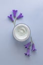 White antiaging face cream jar on pastel blue purple background with purple Campanul flowers. Beauty skin care product Royalty Free Stock Photo