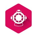 White Aqualung icon isolated with long shadow background. Diving helmet. Diving underwater equipment. Pink hexagon