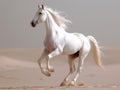 White Arab stallion runs gallop on sand dune in the desert Royalty Free Stock Photo