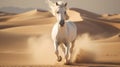 White arabian horse runs gallop in dust desert Royalty Free Stock Photo