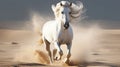 White arabian horse runs gallop in dust desert