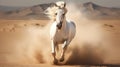 White arabian horse runs gallop in dust desert Royalty Free Stock Photo