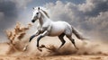 White arabian horse runs gallop in dust desert Royalty Free Stock Photo