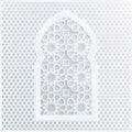 White Arabic ornamental mosque window. Vector illustration card, invitation for Muslim community holy month Ramadan Kareem. Modern