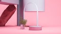 White arc near different geometric figures , flowers in vase and pink pedestal on bright pink background. Magic realism