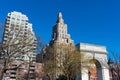 The Arch at Washington Square Park in Greenwich Village of New York City surrounded by Skyscrapers Royalty Free Stock Photo