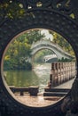 White arched bridges on Shan Lake in Riyue Shuangta Cultural Park in Guilin