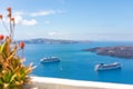White architecture on Santorini island, Greece. Beautiful landscape with sea bay volcano view cruise ships Royalty Free Stock Photo
