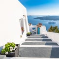 White architecture on Santorini island, Greece. Beautiful landscape, sea view cruise ship Royalty Free Stock Photo