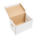 White archive cardboard box with open lid. White open archive carton box isolated on a white background