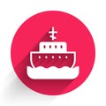 White Ark of noah icon isolated with long shadow. Wood big high cargo. Red circle button. Vector