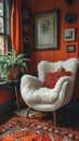 a white armchair with orange cushions