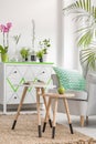 White armchair and wooden coffee tables in a minimalist interior