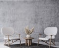 White armchairs with wooden table on gray boho interior home background
