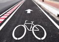 White arrow and bycicle sign on lanes road Royalty Free Stock Photo