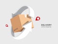 white arrow circles parcel box or carton to represent recycling of paper or to signify box that parcel is being returned to the