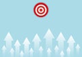 White arrow group hitting in the red target centre on pastel blue background, Business target or goal success. Royalty Free Stock Photo