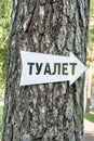 The white arrow indicates the direction to the right attached to the tree, inscription restroom in Russian