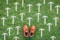 White arrow with leathe shoer on green grass Royalty Free Stock Photo