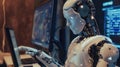 A white artificial intelligence robot writer sits in front of a laptop, working on a writing project. It has a sleek