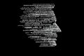 white ascii text in the shape of a hacker ,shape of a person's face