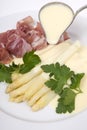 White asparagus with ham and hollandaise sauce Royalty Free Stock Photo