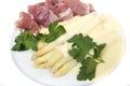 White asparagus with ham and hollandaise sauce