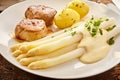 White asparagus, with potatoes and meat Royalty Free Stock Photo