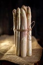 White asparagus tied with brown loose rope over a rustic background