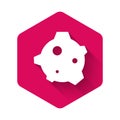 White Asteroid icon isolated with long shadow background. Pink hexagon button. Vector