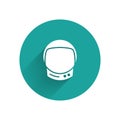 White Astronaut helmet icon isolated with long shadow. Green circle button. Vector