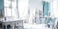 White atelier. A painter or artist atelier, craft room, with white interior. Generative AI