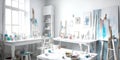 White atelier. A painter or artist atelier, craft room, with white interior. Generative AI