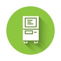 White ATM - Automated teller machine icon isolated with long shadow. Green circle button. Vector Royalty Free Stock Photo