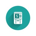 White ATM - Automated teller machine and money icon isolated with long shadow. Green circle button. Vector Royalty Free Stock Photo
