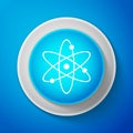 White Atom icon isolated on blue background. Symbol of science, education, nuclear physics, scientific research Royalty Free Stock Photo