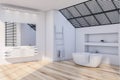 White attic bathroom corner, tub and sink Royalty Free Stock Photo