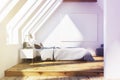 White attic bedroom, wooden ceiling, poster Royalty Free Stock Photo