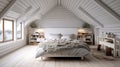 White attic bedroom with a wooden ceiling white wall. Generative AI