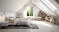 White attic bedroom with a wooden ceiling white wall. Generative AI