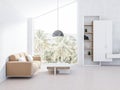 White attic living room, beige sofa and bookcase